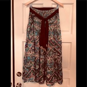 Ladies satin turquoise & brown print long dress with brown satin belt